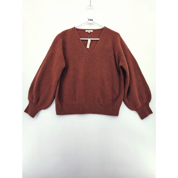 Madewell Sweaters - Madewell Women's Thornton Brown Ribbed V-Neck Sweater Ballon Sleeve Size L US